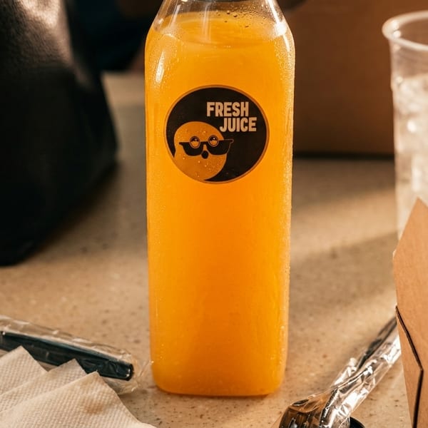 A bottle of Fresh Juice, a cup of ice, and takeout containers on a counter.