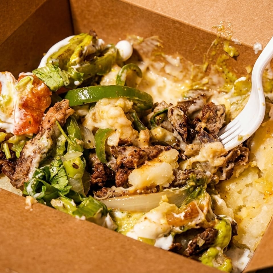 Loaded baked potato with meat, cheese, peppers, and sauce in a brown takeout container with a fork.