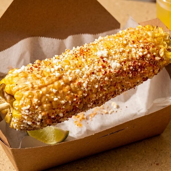 Elote, Mexican street corn, on a stick in a cardboard tray with a lime wedge and drinks.