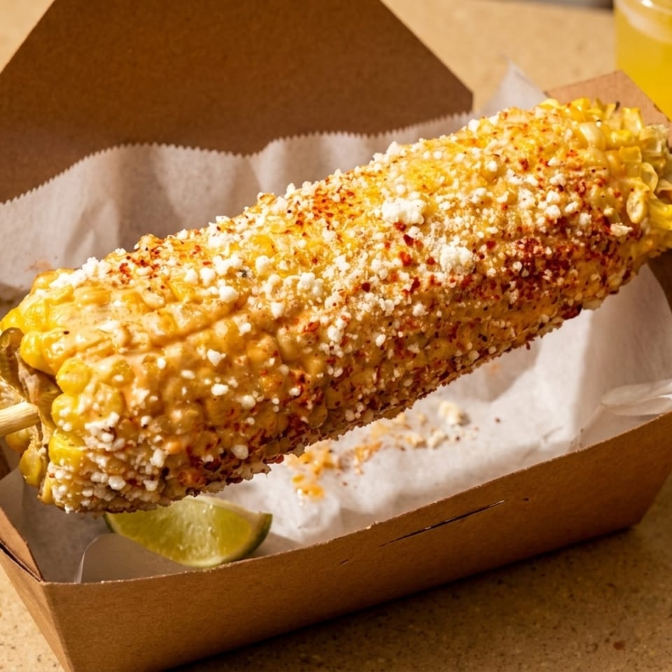 Elote, Mexican street corn, on a stick in a cardboard tray with a lime wedge and drinks.