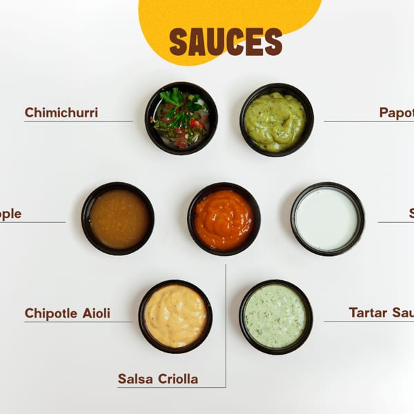Assortment of seven labeled sauces in small black bowls, including chimichurri, sour cream, and aioli.