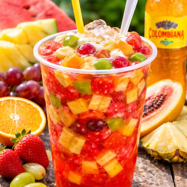 Colorful fruit salad in a cup with ice, straw, and spoon, surrounded by fresh fruits and a Colombiana soda.